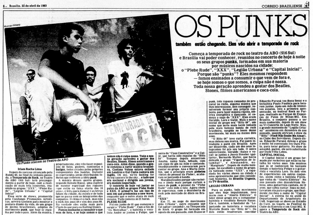 ALERTA. Em 22 de abril de 1983, o Correio Braziliense publica a reportagem falando da 'invasão' dos punks na cena local, com a abertura da Temporada do Rock na ABO (Reprodução/Arquivo CB)