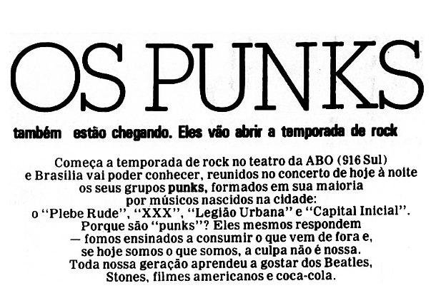 ALERTA. Em 22 de abril de 1983, o Correio Braziliense publica a reportagem falando da 'invasão' dos punks na cena local, com a abertura da Temporada do Rock na ABO (Reprodução/Arquivo CB)